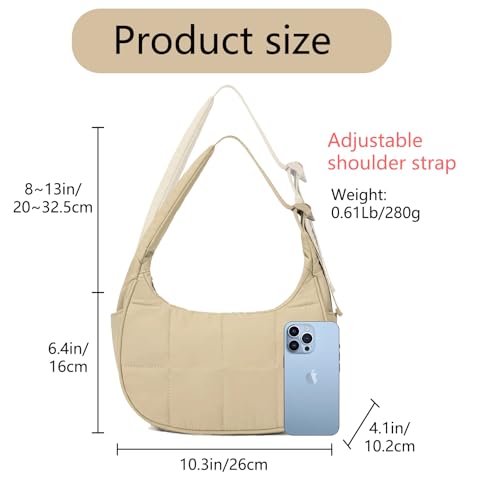 Image of Small Puffer Bag, Crescent Shoulder Bag for Women,Nylon Quilted Tote Handbags with Adjustable Strap (Khaki+ Cosmetic Bag)