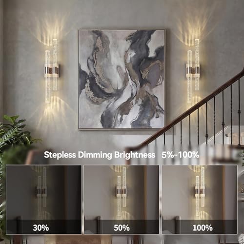 Image of Crystal Wall Sconces Set of Two LED Wall Sconce Hardwired Brushed Nickel Bathroom Vanity Light Fixtures 21.25in 4000K Vertical and Horizontal Wall Mounted Sconces for Bedroom Living Room