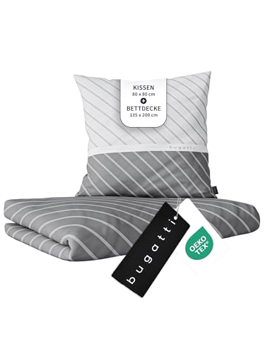 bugatti Bettwäsche 135 x 200 cm - 100% Baumwolle, Reißverschluss, anschmiegsam, weich & waschbar, Mako Satinbettwäsche gestreift grau