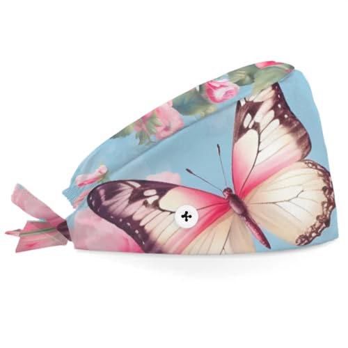Mularoka Watercolor Flowers Butterflys Working Caps with Button Sweatband Comfortable Adjustable Bouffant Hats Work Hat for Women Men