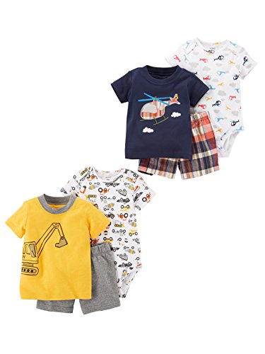 Carter's Baby Boys' 6-Piece Bodysuit Tee and Short Set, Yellow Construction/Plaid Helicopter, 9 Months