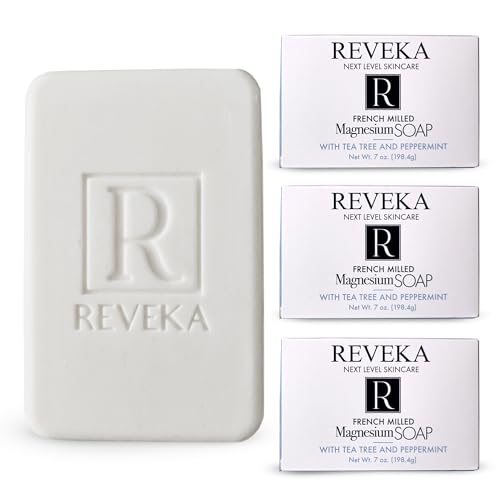 Reveka Skincare Magnesium Soap 4-in-1 Natural Bar for Face Body Hair & Shaving | Triple-Milled with Shea Butter | USA-Made Peppermint Soap | 4 Pack (7 oz Each)