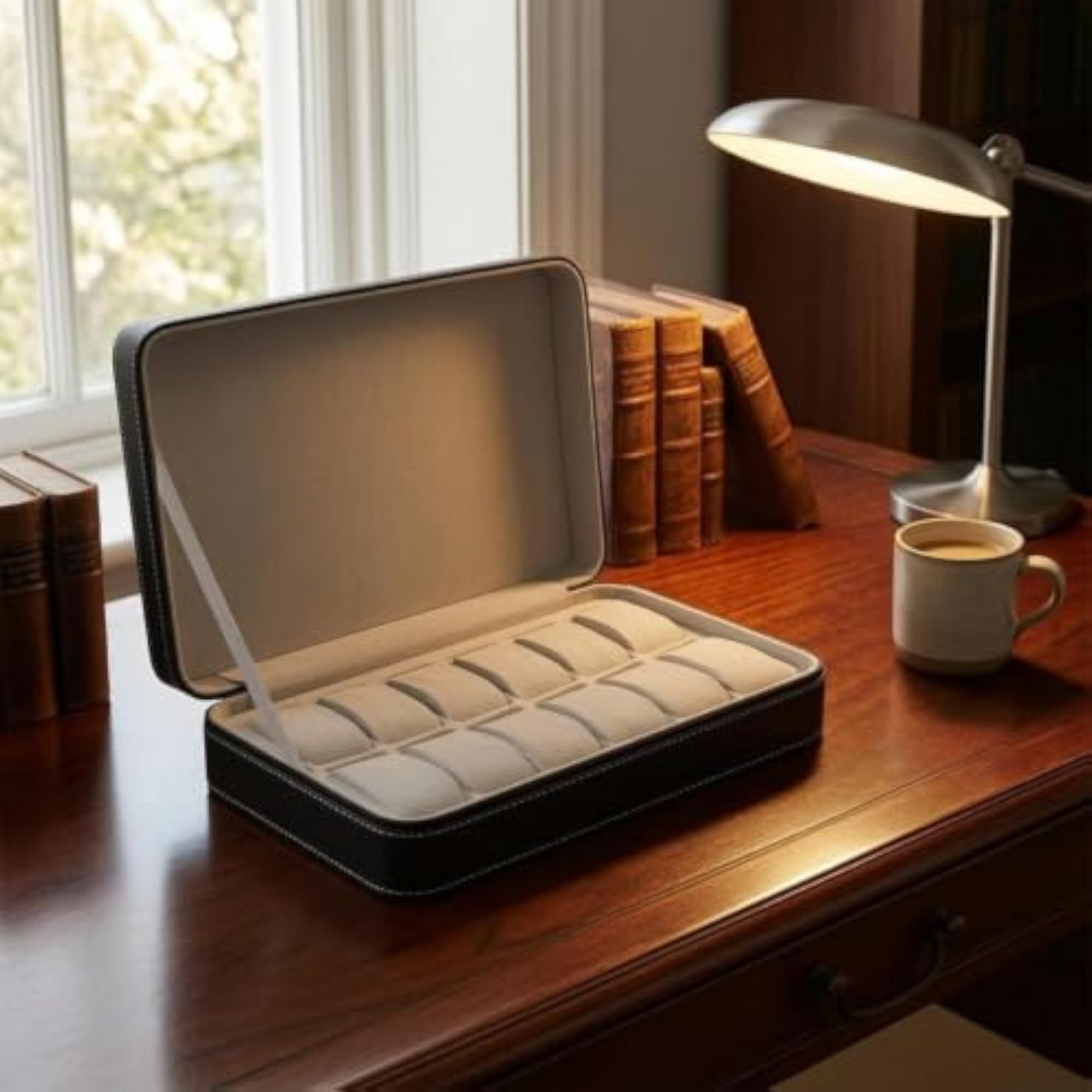 Zipper Closure Padded Watch Organizer, Black, 6 Slots