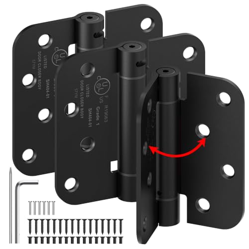 ISOKER 3-Pack Self Closing Door Hinges 4 Inch Spring Loaded Door Hinges Adjustable Tension for Exterior Garage Front Back Door Left Right Hand Door 5/8 Radius Corners UL Listed Black