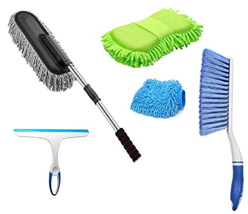 Winberg ® Car Cleaning Combo Pack Microfiber Duster Carpet Brush Washing Scurb Glass Wiper Microfibre Gloves Full Interior and Exterior Cleaning Kit -