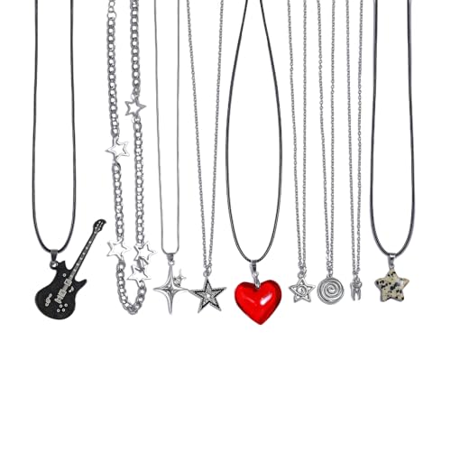 9 Pcs Y2K Grunge Goth Heart and Star Necklace Set for Women - Emo and Scene Accessories