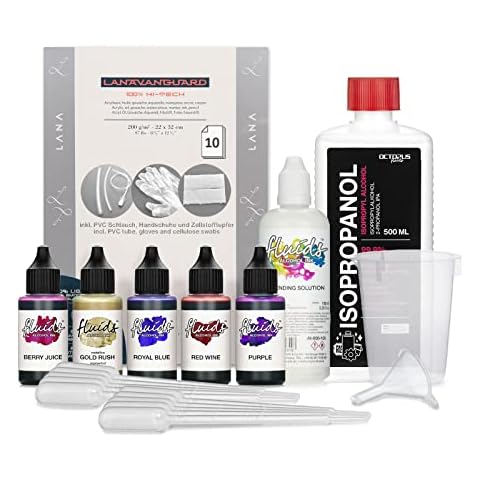 Octopus Fluids Alcohol Ink Set 5 x 30ml GOLDEN EVE mit viel Zubehör, Alkohol Tinte für Fluid Art Cover
