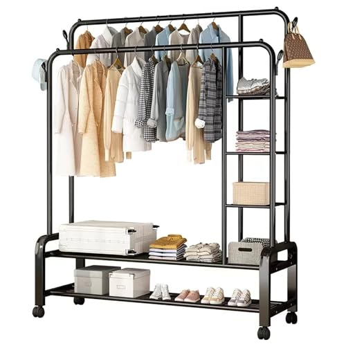 Image of LEOPAX Heavy Duty Metal Double Rod Clothe Rail, 5-Tier Coat Garment Rack with 4 Side Hooks, Multipurpose Cloth Stand for Bedroom, Livingroom, Hallway - (Black, 120 x 45 x 160cm)