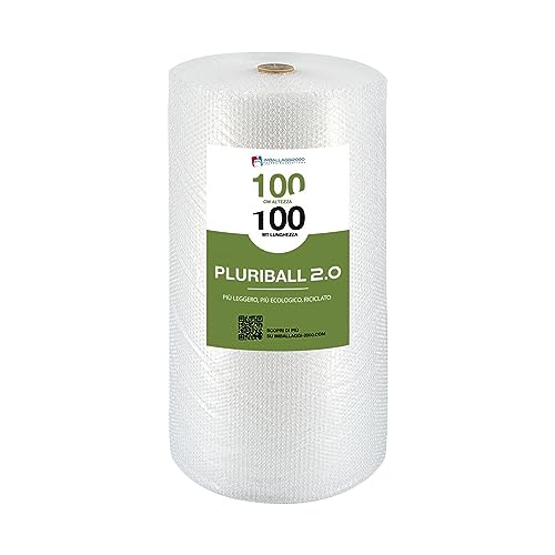 IMBALLAGGI 2000- Pluriball Imballaggio 50% Materiali Riciclati Pluriball 2.0, 1 Rotolo 100mtx100cm 28gr/mq, Plastica per Imballaggio con Bolle Valida come Imballaggio per Spedizioni Protezione Oggetti