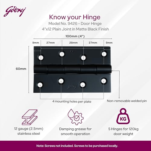Image of Godrej Door Fittings | 4 inch x 12 Gauge Plain Joint Door Butt Hinges (Pack of 1, 5 Pcs /Pack) | Matte Black Finish, Smooth Operation | 4 Holes Kabza for Heavy Duty Door, Home, Office | 1 Yr Warranty