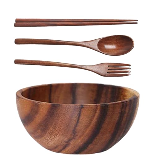 Kopida Large Acacia Wood Round Serving Bowl with Utensils Wooden Forks and Spoons for Fruit Salad Vegetables Pasta Soup Cereals Decorative Wooden Nest Bowl Ramen Bowl, 6.3' Diameter x 3' Height