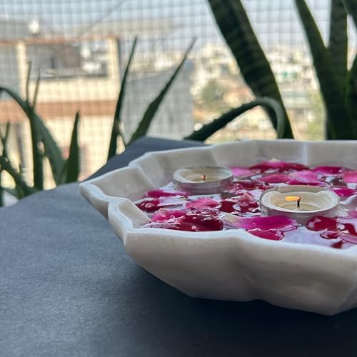 Image of Marble Urli Bowl for Decoration | Big Potpourri Decorative Bowls in Home decor | Large White Floating Flower Plates of Stone | Small Shape puja Item | (9 inch, Petal Glow)