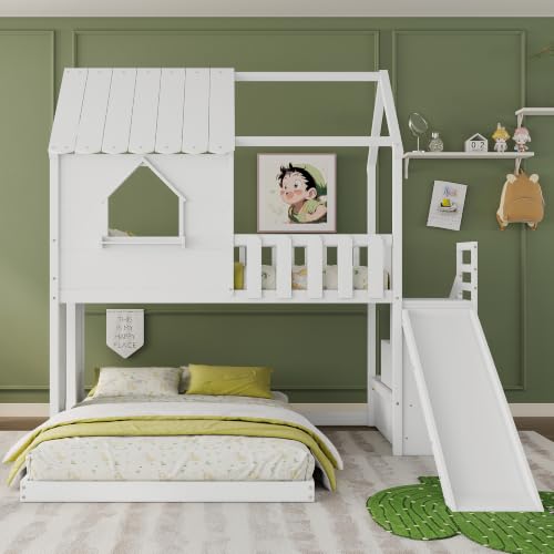 Image of Bellemave Bunk beds Twin Over Full with Slide,Storage Staircase,House roof Design,Low bunk /loft Bed for Kids，White