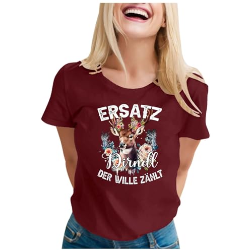 Retro Style Damen T Shirt Oktoberfest Dirndl Lederhose Muster Vintage Trachtenlook atmungsaktiv Baumwolle bequem für Wiesn Bierfest und ThementTage, Vino, M