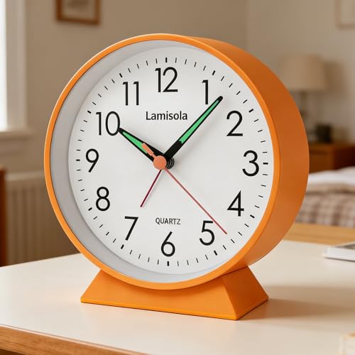 Image of 4.5 Inch Small Silent Analog Alarm Clock, Retro Battery Operated Desk Clock with Night Light Stays On 4 Seconds Vintage Metal Table Clock for Bedside, Nightstand, Bedroom, Office, Bathroom - Orange
