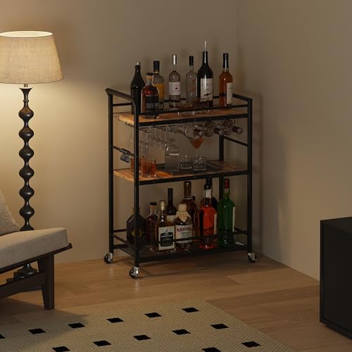 Image of 3 Tier Bar Cart, Small Beverage Cart, Mini Bar Cart with Wine Rack, Home Bar Serving Cart with Wheels for Kitchen Dining Living Room (Rustic Brown, General) GBC507R