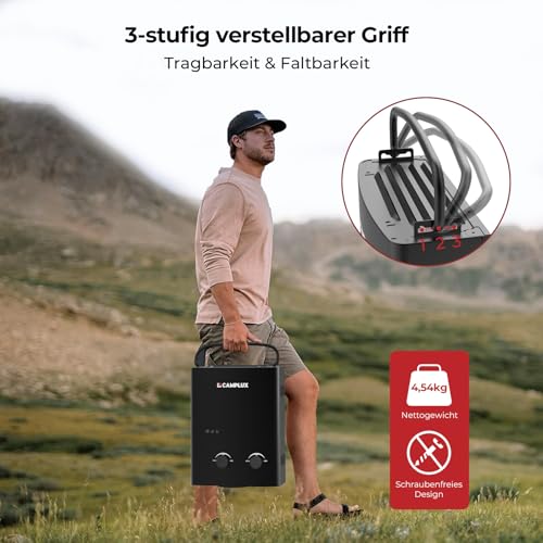 Camplux AY132B-DE Tankloser Durchlauferhitzer 50 mbar, 5 Liter LPG mit Tragegriff, 10 kW, Propan- oder Butangas für Campingdusche