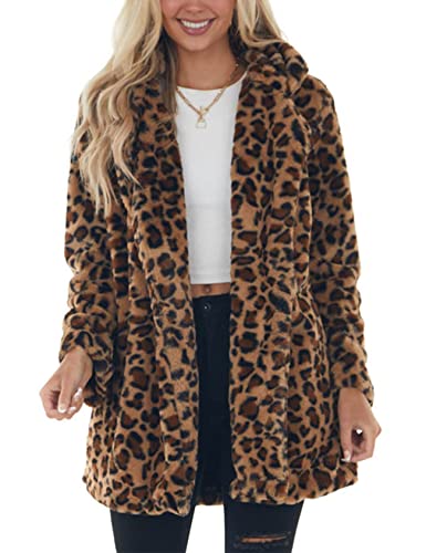 Arssm Womens Loose Autumn Faux Fur Jackets Winter Warm Leopard Coats With Pockets(Brown-L) #TOP16