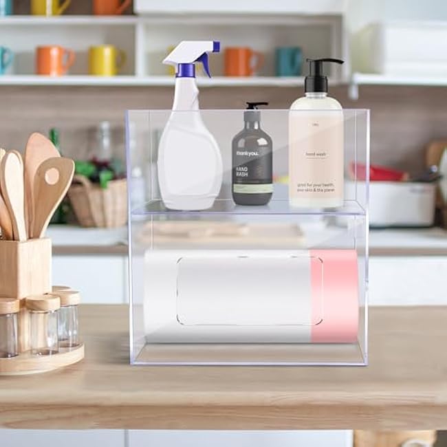 mwellewm Trash Bag Dispenser 2 in 1 Extra Large Acrylic Garbage Bag Roll Holder Under Sink Organizer Plastic Bag Storage Box with Lid Kitchen Inside Trash Can Grocery Bag (10.4 x 6.5 x 11.4 inches)