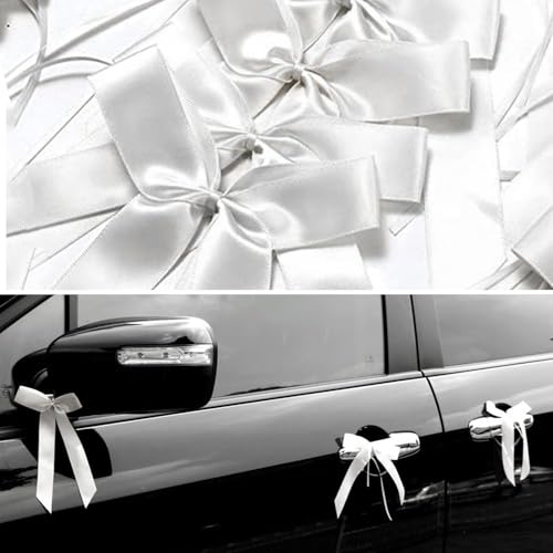 50 Noeuds Voiture Mariage Fait à la Main Ruban de Satin Noeuds d'Antenne Facile à Attacher sur la Voiture - Blanc 25x12cm