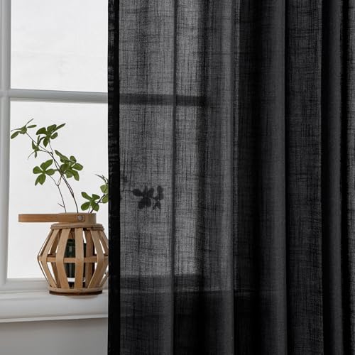 MIULEE Black Linen Curtains 90 Inch Length 2 Panels for Bedroom Living Room, Soft Thick Linen Textured Back Tab Window Drapes Semi Sheer Light Filtering Rod Pocket Modern Farmhouse Halloween Decor
