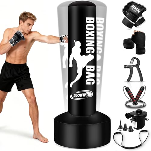 Standing Punching Bag for Adults, Boxing Bag with Stand for Stress Relief & Home Gym, Kicking Bag for MMA Training, Includes Boxing Gloves, Electric Air Pump, Grip Trainer, Jump Rope & Band