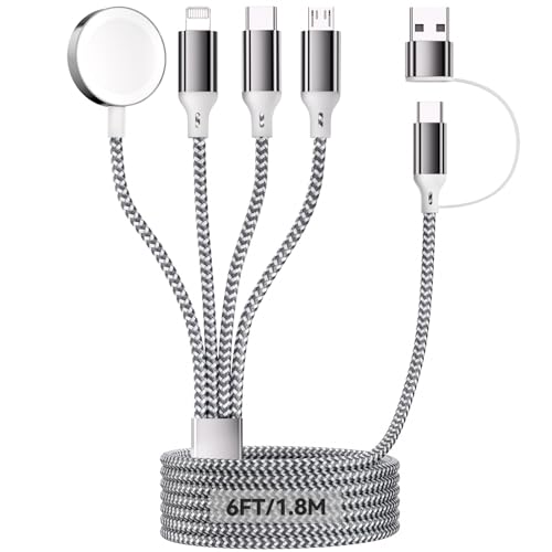 4 in 2 Multi Schnellladekabel für A pple Watch, 1.8M/6FT Nylon Ladekabel Ladegerät USB-A/C zu iOS/Typ C/Micro-USB/iWatch, Kompatibel mit iWatch Ultra/SE/1-10/iPhone/iPad/AirPods/Galaxy/Huawei