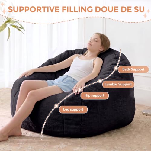 Image of HUGHEAVEN Medium Memory Foam Bean Bag Chair for Teens & Kids - 3ft | Fluffy Floor Chair Lounger, Cozy Faux Fur Reading Nook Chair, Comfy Beanbag Sofa Couch, Floor Seating Foam Seat with Filler