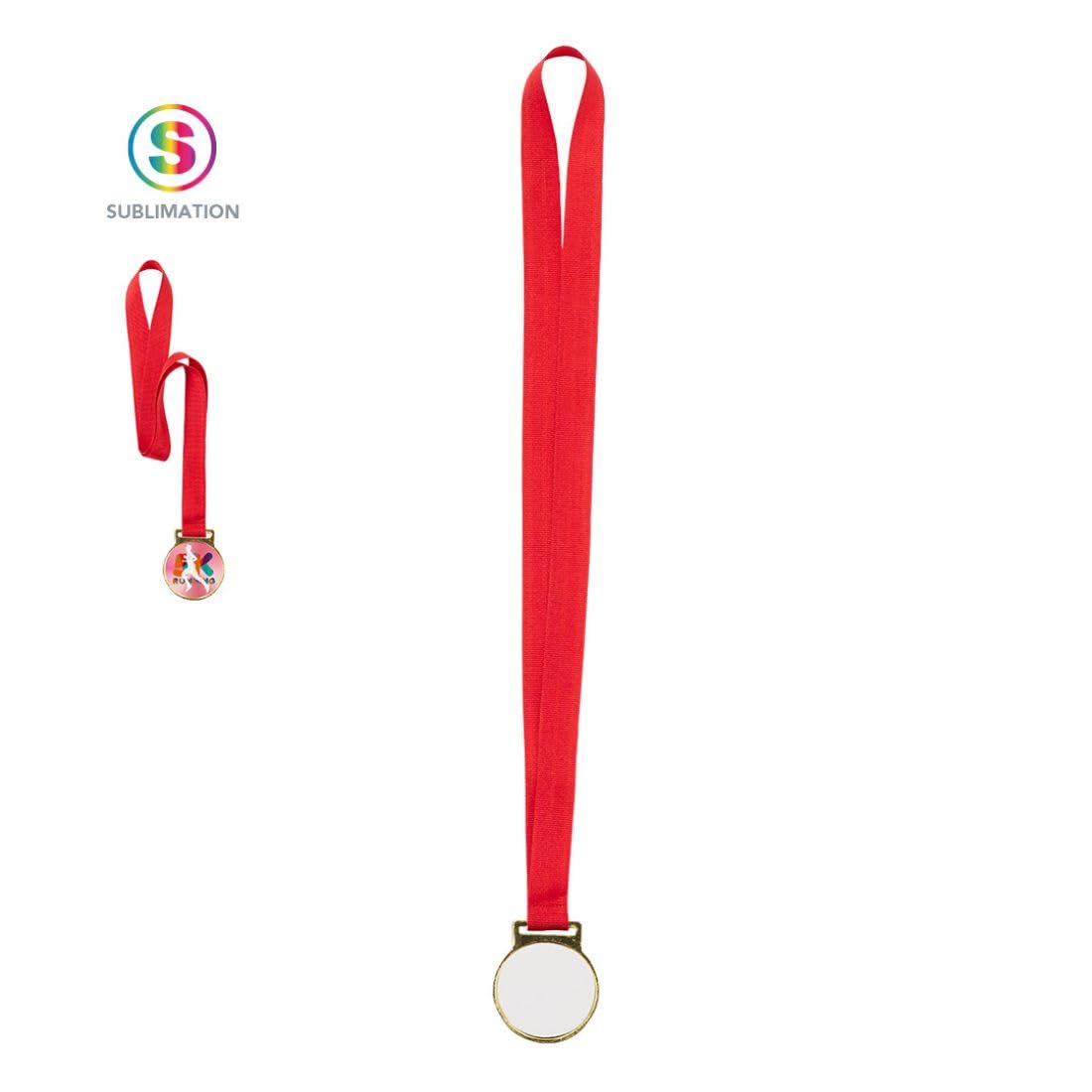 Genérico Pack 50 Medallas para Sublimación con Cinta Roja – Acabado Metálico Dorado – Ø 5 cm – Lote para Personalizar y Ofrecer en Eventos Escolares, Deportivos o Infantiles