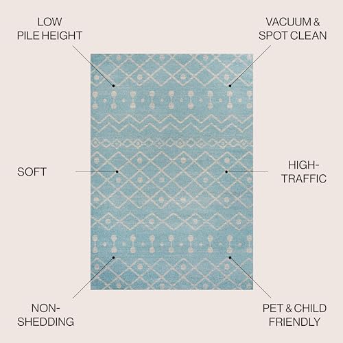 Image of JONATHAN Y Aksil Moroccan Beni Souk Turquoise /Cream Indoor Area Rug, 8x10, Bohemian, Scandinavian, Easy-Cleaning for Living Room, Bedroom, Kitchen, Pet Friendly, Non-Shedding (MOH208D-8)