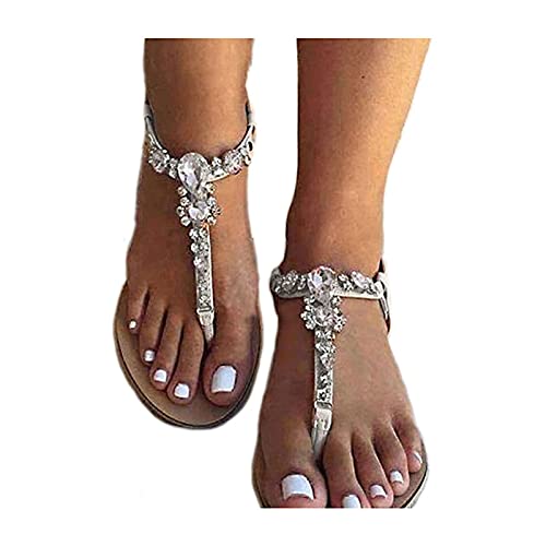 Image of Women's Rhinestone Flat Sandals, Women Flip Flops with Clip Toe RingBeadeed Rhinestone Crystal Jeweled Sandal Shoes for Summer Beach Oceanside Holiday Outdoor