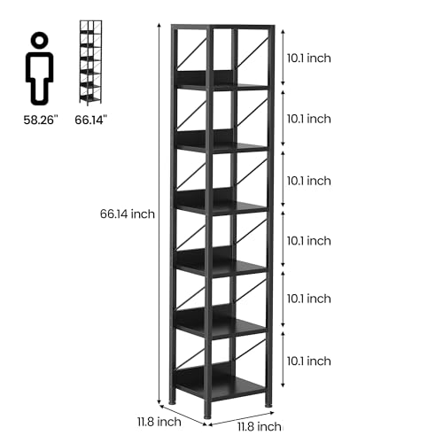 GarveeHome 6 Tier Narrow Bookcase Tall Skinny Bookshelf Rustic Corner Shelf Small Bookshelves Industrial Bookcase for Bedroom, Living Room, Home Office