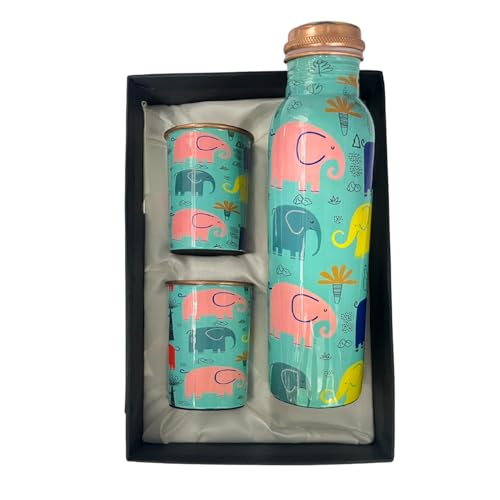 Image of Copper Water Bottle 1 Ltr | Copper Water Bottle with Glass Set | Meena Work | 100% Pure | Leak-Proof | 2 Water Glass 300ml each | Best for Gifting ((Seafoam Blue Design))