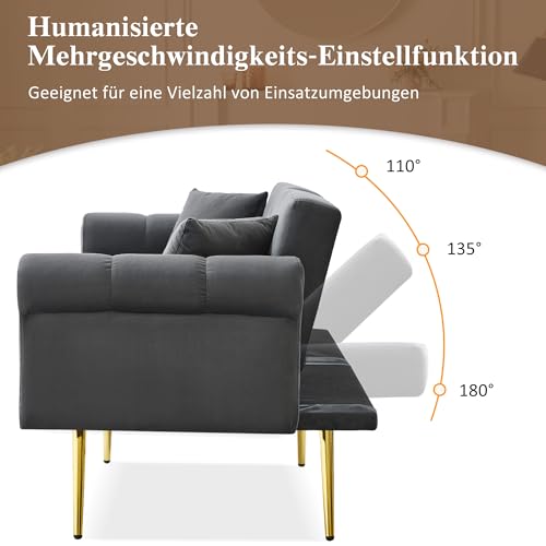ALAMHI Modernes 2 Sitzer Sofa,Schlafsofa aus Samtbezug,Couch, Klappsofa mit Verstellbare Rückenlehne, Deluxe Sofa mit Schlaffunktion– Polstersofa für Wohnzimmer, Wohnung, Buro (Antique Gray)
