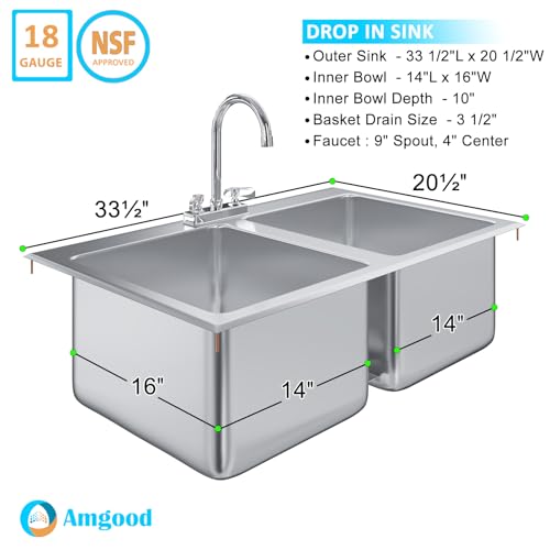 Image of Stainless Steel 2 Compartment Drop-In Sink. Bowl 14 in. x 16 in. x 10 in. With Faucet.