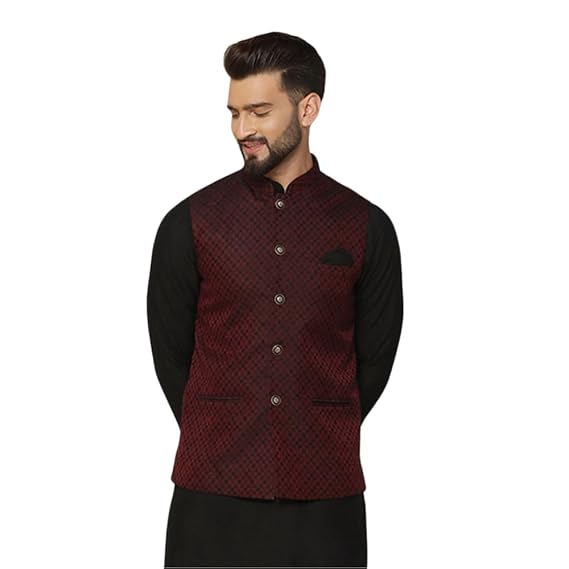Men's Nehru Jacket, Off White Silk Blend, Woven Design Mandarin Collar Regular Fit Sleeveless