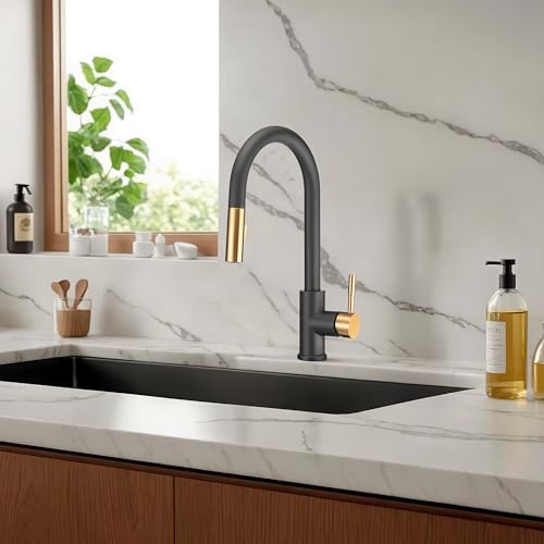 Image of Dura Faucet DF-MK530SLK-MBRG RV Pull-Down Kitchen Faucet (Matte Black) | Single handle pull-down kitchen faucet for RV and camper galleys. Matte Black /Rose Gold finish. Easy DIY install.