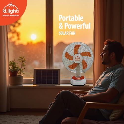 Image of D.LIGHT 17 Inch 10000 mAh Battery Portable 12 Watt Solar Powered Fan With Brushless DC Motor Technology, Rechargeable Solar Fan for Indoor Housing, Office, Camping, White