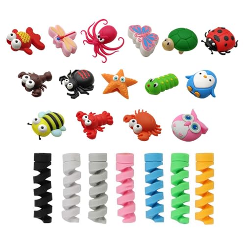 HINFHI 15-Piece Cartoon Animal Data Cable Cover And 7-Piece Wire Winder, Data Cable Accessories, Creative And Interesting Data Cable Cover.