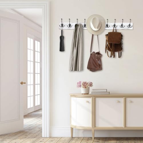 Image of IBosins 34'' Coat Rack Wall Mount with 10 Tri-Hooks, Heavy Duty, Vintage White Color Wood Coat Hanger, Rustic Coat Hooks Rail for Entryway Living Room Coat Scarf Bag Towel Hat