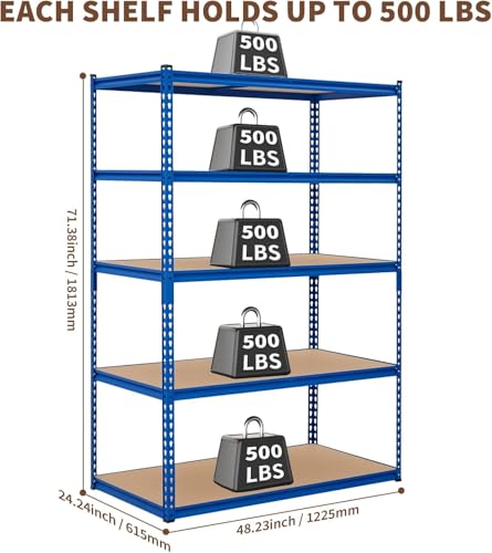 Image of GarveeTech 5-Tier Heavy Duty Storage Shelves, 2500 LBS Capacity Metal Shelving Unit with MDF Board, 48 inch W x 24 inch D x 72 inch H Adjustable Garage Shelving for Basement and Warehouse, High Gloss Blue