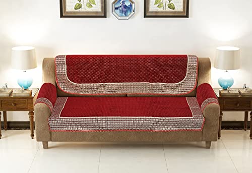 Image of Sofa Cover with Cushion Cover and Table Cover - 3 Seater and 2 Seater Sofa Covers with Arm Set 16 Pcs - 3+1+1 Panels for Home Living Room Sofa Couch Decor (Maroon), Chenille