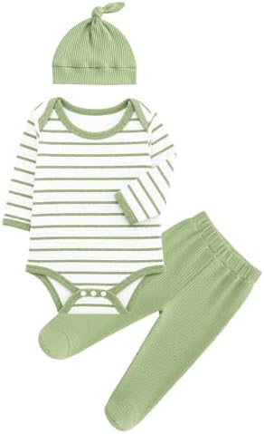 JiAmy Baby Jungen Kleidung Gestreift Baumwolle Body Strampler+Hose+Mütze Babykleidung Set Langarm Weiche Bekleidungsset für Neugeborene 0-18 Monate