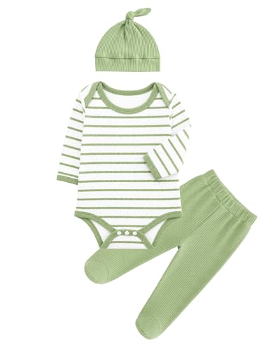 Image of JiAmy Newborn Baby Boys Clothes 3Pcs Infant Long Sleeve Cotton Stripes Romper + Pants + Hat Clothing Set Baby Bodysuits Outfit for 0-3 Months Light Green