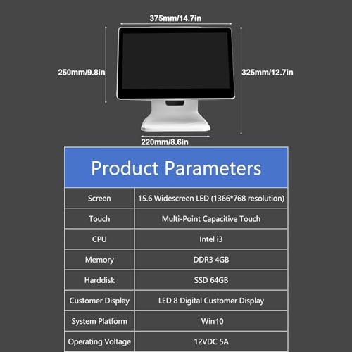 Image of Pos System, Cash Register with Touch Screen 15 inch, N2840 CPU, 4gb Ram, 64gb Ssd, Windows 10 for Retail, Restaurant, Retail, Cafe, Club