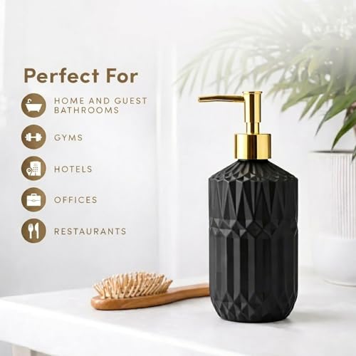 Image of Luxe Home International Geometric Texture Pattern Glass Soap Dispenser for Bathroom and Kitchen Sink Leak Proof Liquid Hand Wash Round Bottle Lightweight Smooth Finish (19x7.5 cm Black) Pack of 1