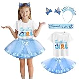 YODISON Girls Birthday Costume,T-Shirt and Tutu Dress,Headband Satin Sash Birthday Party For Kids（130cm/5-6T） Blue
