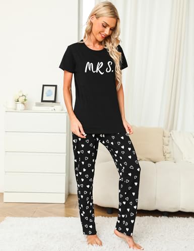 EISHOPEER Cotton Matching Pajamas for Couples Cute Printed Short Sleeve Top & Long Pants Sleepwear Pjs Sets3