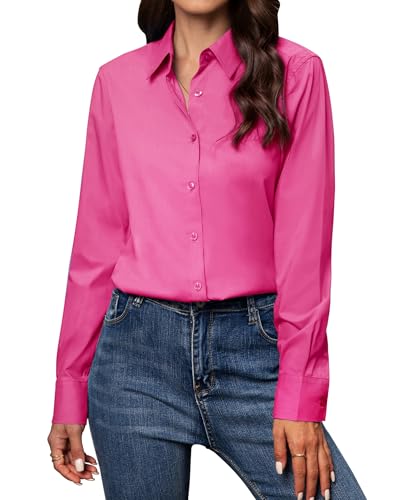 Gleeivy Button Down Shirts for Women Long Sleeve Dress Shirts Classic Fit Solid Cotton Women Dress Shirts Work Office Hot Pink M