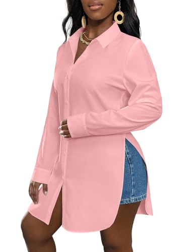 Image of LYANER Women's Collar Neck Long Sleeve Button Down Shirts Sexy Split Hem Tops Long Blouse Shirt Dress